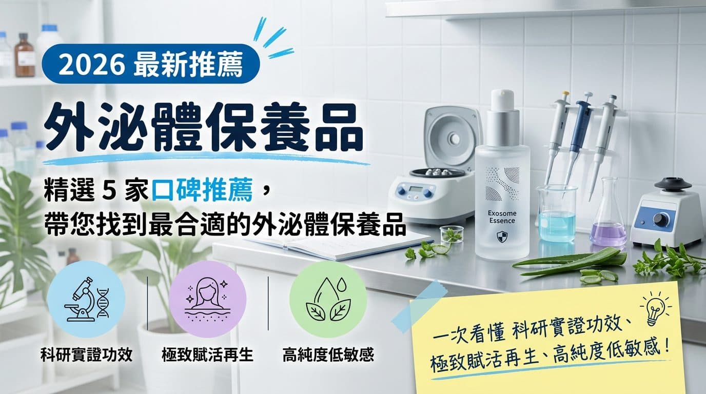 外泌體保養品推薦封面圖，實驗室檯面上的精華瓶與器材